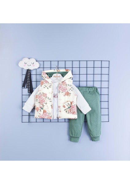 Baby 5107-3100 Çiçekli Kız Yelekli Üçlü Takım