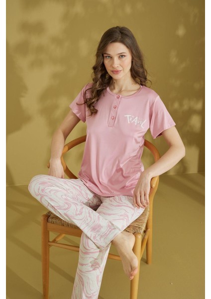 Kadın 3 Düğmeli Bisiklet Yaka Yazlık Viskon Kısa Kol Pijama Takımı