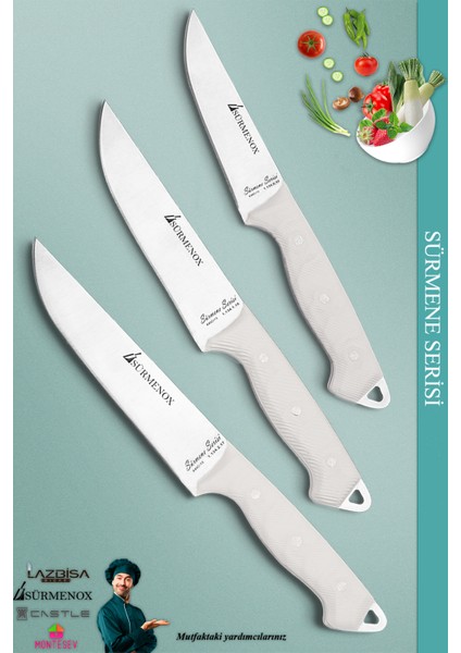 Sürmene Serisi Mutfak Bıçak Seti Et Ekmek Tavuk Sebze Salata Bıçağı 3'lü Set Beyaz (Mft-20)