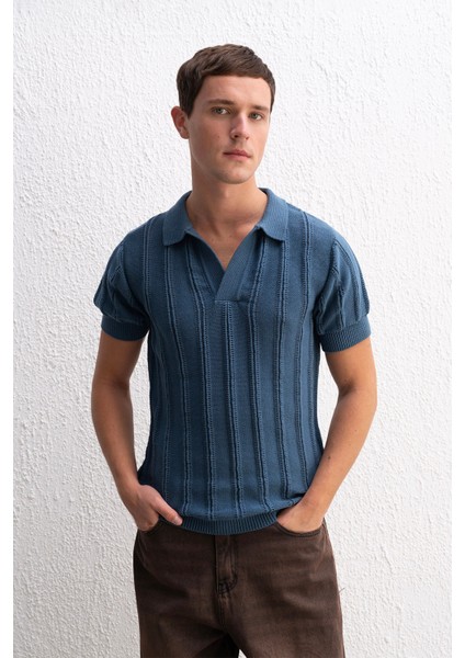 Dokulu Polo Yaka Triko Indigo T-Shırt