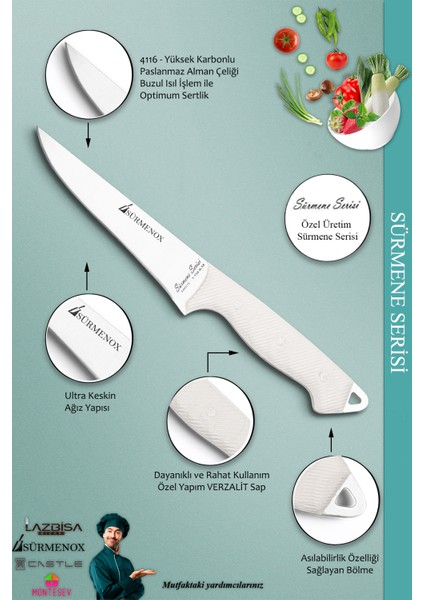 Sürmene Serisi Mutfak Bıçak Seti Et Ekmek Sebze Salata Fileto Bıçağı 4'lü Set Beyaz ( MFT-024 )