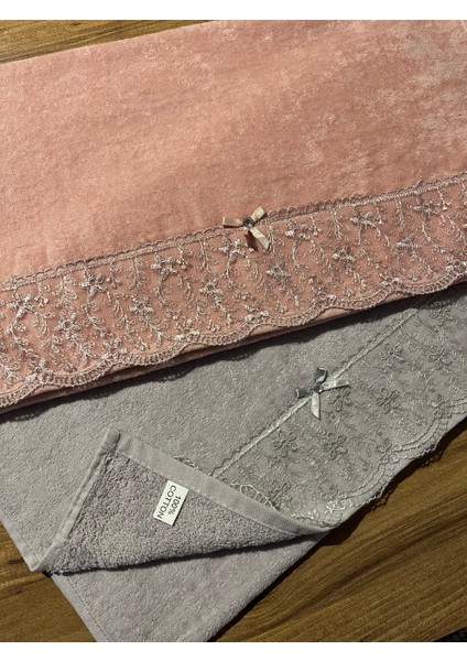 2 Adet Gri - Pembe Pamuklu Güpürlü Çeyizlik, Hediyelik 50 x 90 El Yüz Havlusu