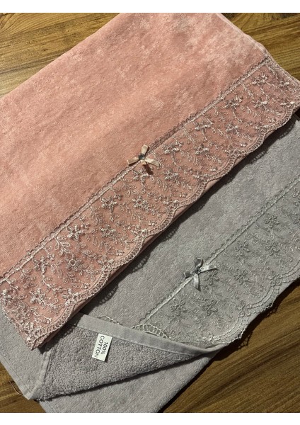 2 Adet Gri - Pembe Pamuklu Güpürlü Çeyizlik, Hediyelik 50 x 90 El Yüz Havlusu fiyatları