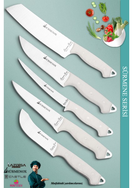 Sürmene Serisi Mutfak Şef Bıçak Seti Et Ekmek Sebze Salata Fileto Bıçağı 5'li Set Beyaz (MFT-025)