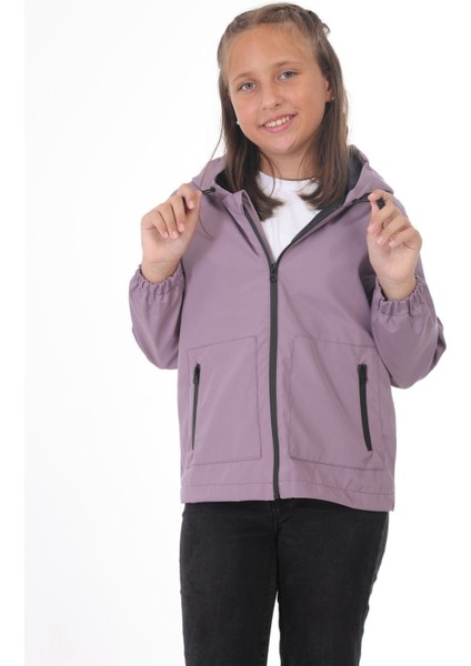 Kız Çocuk Mürdüm Astarlı Su ve Rüzgar Geçirmez Kapüşonlu Çift Fermuarlı Yağmurluk Y-15-C-K