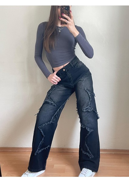 2501 Kadın Büyük Yıldız Baskılı Bagy Big Stars Model Kot Denim Pantolon