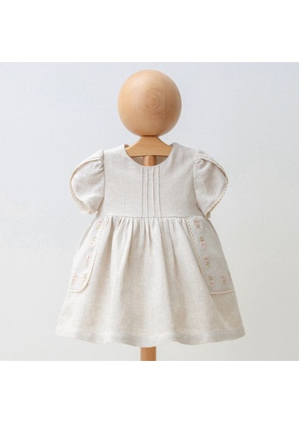 4288MY Kız Bebek Çiçek Nakışlıi Keten Elbise