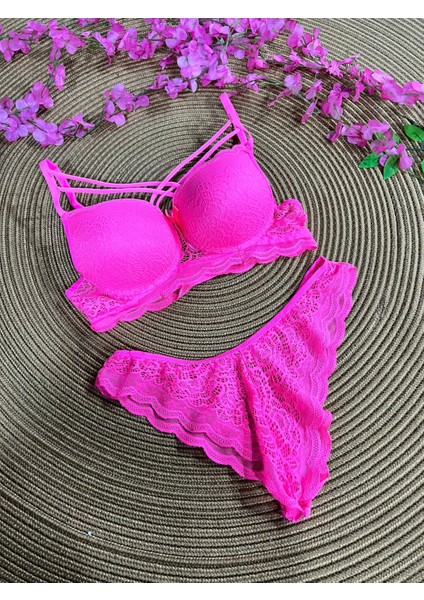 Bayan Dolgulu Dantelli Büstiyer Takım Pembe