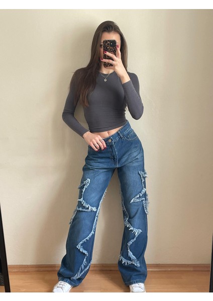 2501 Kadın Büyük Yıldız Baskılı Bagy Big Stars Model Kot Denim Pantolon