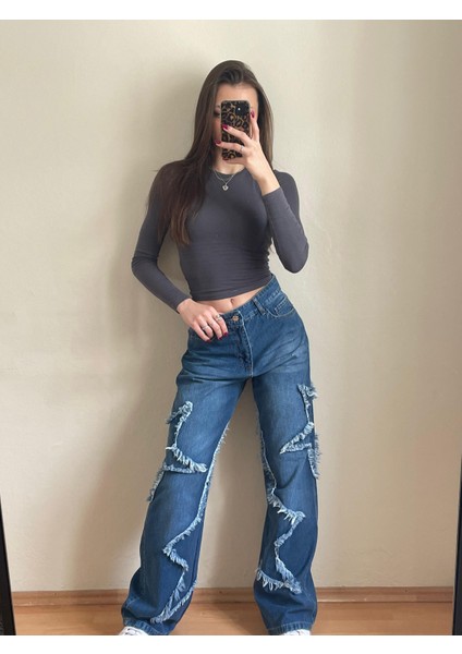 2501 Kadın Büyük Yıldız Baskılı Bagy Big Stars Model Kot Denim Pantolon fiyatları