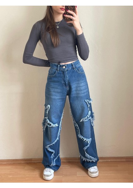 2501 Kadın Büyük Yıldız Baskılı Bagy Big Stars Model Kot Denim Pantolon modelleri