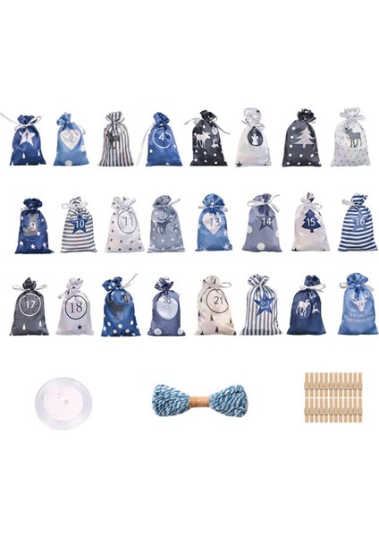 24 Adet Noel Adventtakvim Çantaları Noel Geri Sayım Hediye Çantaları Bağcıklı Yeniden Kullanılabilir Kumaş Hediye Çantaları A (Yurt Dışından)