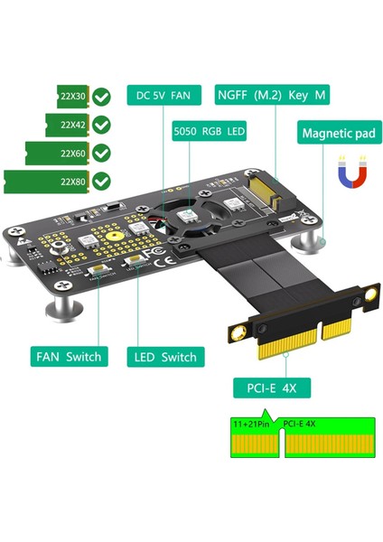 Yükseltici Kart M.2 M-Key Nvme Ssd'den Pcıe X4 Uzatma Kablosu Soğutma Fanı Rgb LED Manyetik Ped 2230-2280 Nvme SSD Için A (Yurt Dışından) fırsatları