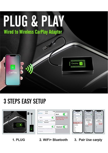 Apple Cihaz Için Kablosuz Carplay Adaptörü, iPhone Için Adaptör, Fabrika Kablolu'yu Kablosuz Carplay Adaptörüne Dönüştürme Tak ve Çalıştır (Yurt Dışından) fırsatları