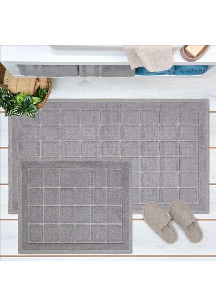 Soft Kare Desen 2'li Banyo Paspası - Gri - 60 x 100 cm + 50 x 60 cm