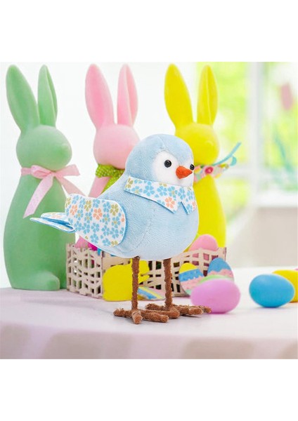 Paskalya Peluş Kuş Bebekleri Tatil Ayakta Duran Kuş Figürü Süslemeleri Uzun Bacaklı ve Baskılı Atkı ve Masa Mavisi Için Fiyonk (Yurt Dışından) modelleri