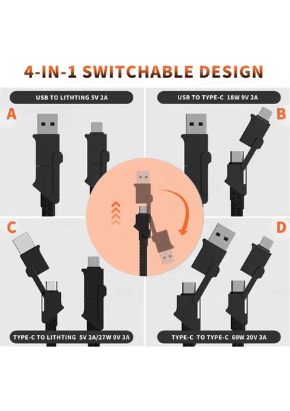 4'ü 1 Arada Çok Hızlı Şarj Kablosu Anahtarlık iPhone Hızlı Şarj PD27W Type-C PD60W Qc 18W Hızlı Şarj Veri Kablosu C (Yurt Dışından) modelleri