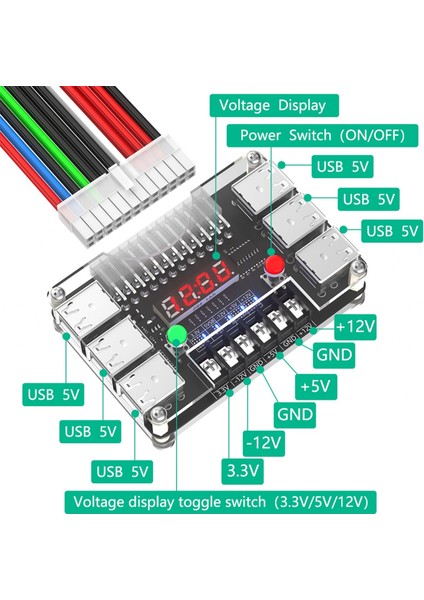 Atx Güç Kaynağı Breakout Kartı Akrilik Kasa 3.3V, 5V, 12V, -12V Çıkış Voltajı ve 12 Port Usb, 3A Maksimum Çıkış (Yurt Dışından) modelleri