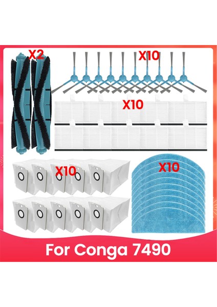 Conga 7490 Vakum Aksesuarları Yedek Parçaları Ana Fırça Yan Fırça Hepa Filtre Paspas Bezi Toz Torbası (Yurt Dışından)