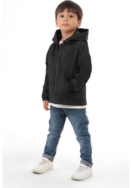 Erkek Çocuk Siyah Astarlı Su ve Rüzgar Geçirmez Kapüşonlu Çift Fermuarlı Yağmurluk Y15C
