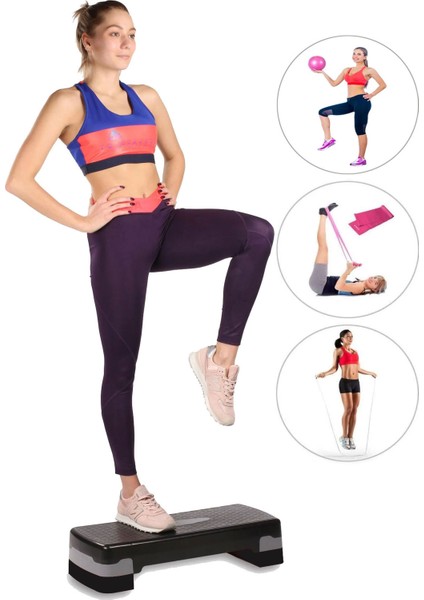 2 Kademeli Kaymaz Taban Fitness Egzersiz Step Tahtası + Denge Topu + Pilates Bandı + Atlama Ipi