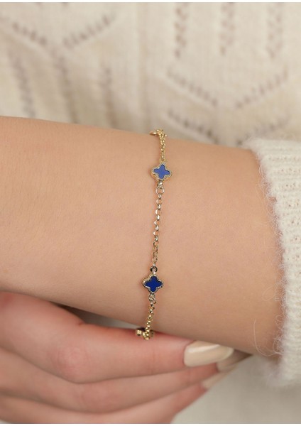2,50 (Gram) Lacivert Taşlı Sedef Yonca Bileklik Künye Unisex 14 Ayar Altın (Rose-Sarı-Yeşil-Beyaz) modelleri