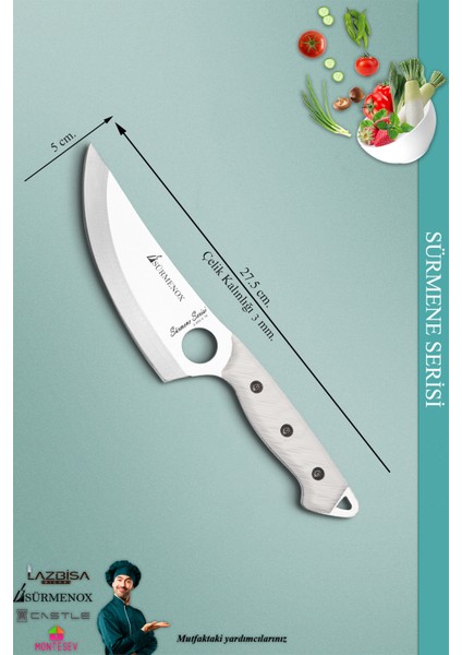 Sürmene Serisi Sivri Mutfak Kamp Şef Bıçak Et Ekmek Sebze Salata Kamp Şef Bıçağı Beyaz ( MFT-029 )