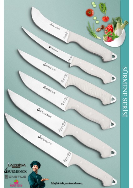 Sürmene Serisi Mutfak Bıçak Seti Et Ekmek Sebze Salata Fileto Bıçağı 6 Lı Set Beyaz (MFT-028)