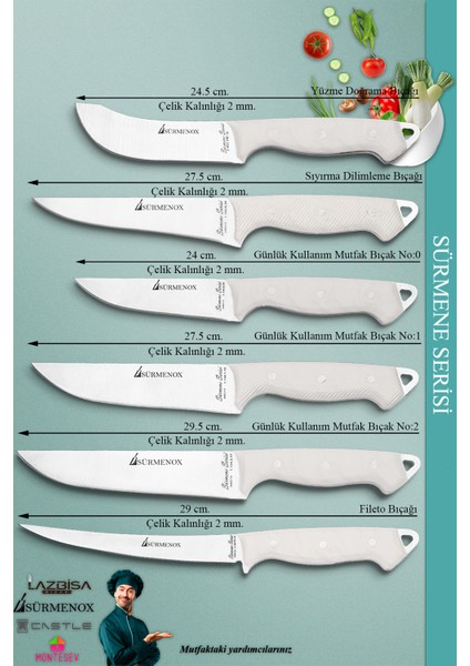 Sürmene Serisi Mutfak Bıçak Seti Et Ekmek Sebze Salata Fileto Bıçağı 6 Lı Set Beyaz (MFT-028)