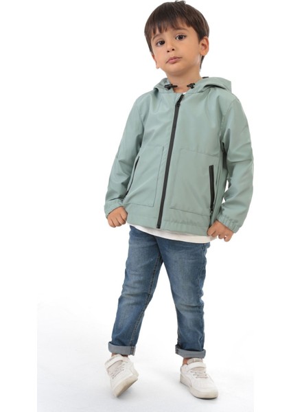 Erkek Çocuk Mint Yeşili Astarlı Su ve Rüzgar Geçirmez Kapüşonlu Çift Fermuarlı Yağmurluk Y15C