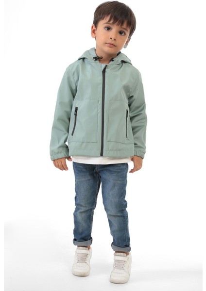 Erkek Çocuk Mint Yeşili Astarlı Su ve Rüzgar Geçirmez Kapüşonlu Çift Fermuarlı Yağmurluk Y15C modelleri