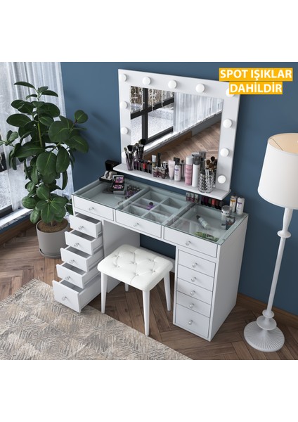 BJ156 Hollywood Işıklı Aynalı Kulis Makyaj Masası Cam Tablalı 13 Çekmeceli Takı Düzenleyici Puf Takım Beyaz