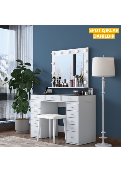 BJ156 Hollywood Işıklı Aynalı Kulis Makyaj Masası Cam Tablalı 13 Çekmeceli Takı Düzenleyici Puf Takım Beyaz