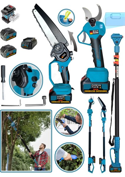 Waltmann Germany W-900 Teleskopik + 40 mm Dijital Budama Makası + Otomatik Yağ Pompalı Zincirli Testere 2 Akülü