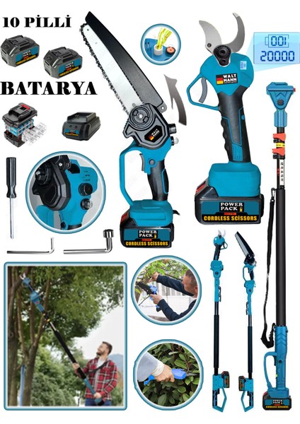Waltmann Germany W-900 Teleskopik + 40 mm Dijital Budama Makası + Otomatik Yağ Pompalı Zincirli Testere 2 Akülü