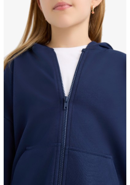 Kız Çocuk Kapüşonlu Basic Düz Cepli Fermuarlı Sweatshirt D9079A825SP