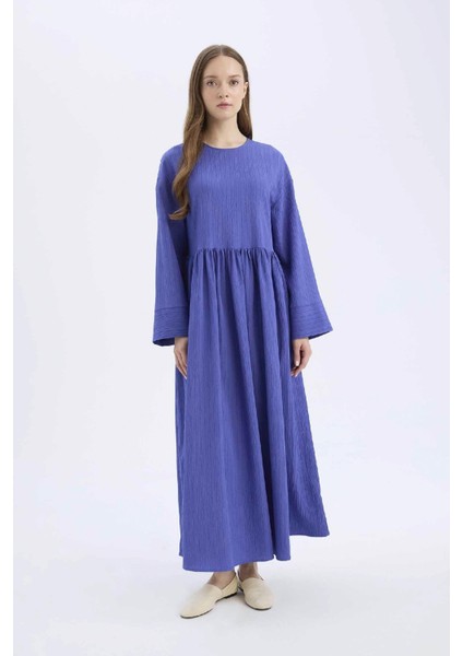 Regular Fit Bisiklet Yaka Gofre Dokulu Uzun Kollu Maxi Elbise E6597AX25SP