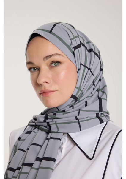 Pure Tone Şal - Kare Desen - Gümüş - Yeşil Laci