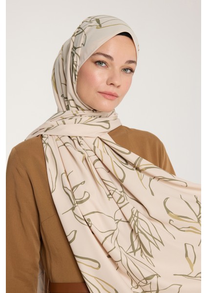 Pure Tone Şal - Yaprak Desen - Bej - Yeşil