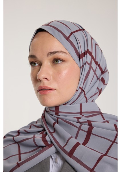 Pure Tone Şal - Kare Desen - Gümüş - Bordo