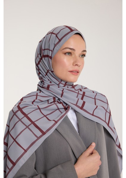 Pure Tone Şal - Kare Desen - Gümüş - Bordo modelleri