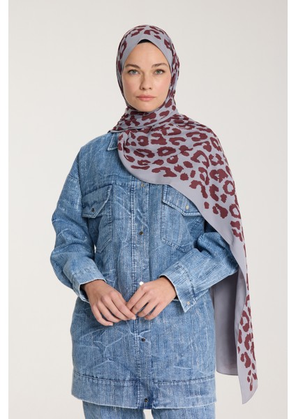 Pure Tone Şal - Leopar Desen - Gümüş - Bordo modelleri