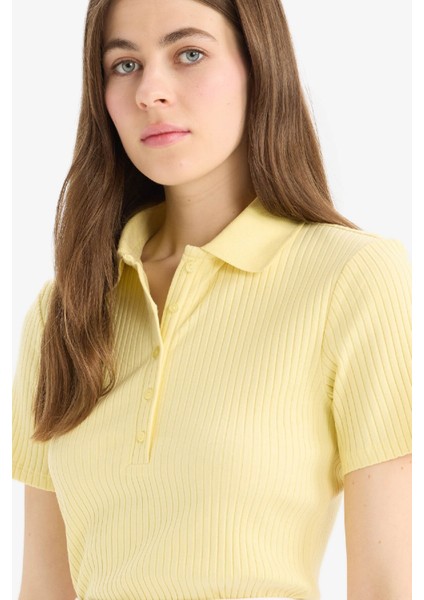 Slim Fit Dar Kesim Fitilli Kaşkorse Kısa Kollu Polo Sarı Tişört E6577AX25SP
