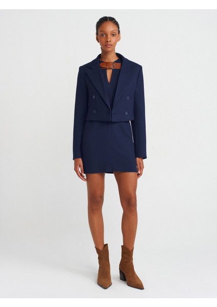 60756 Kruvaze Düğmeli Crop Blazer-Lacivert modelleri