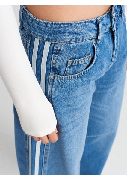 71755 Yanı Şeritli Balon Denim Pantolon-Mavi fırsatları