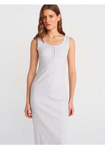 91382 Düğme Detaylı Midi Elbise-Gri Melanj modelleri