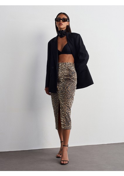 80569 Leopar Desen Denim Etek-Kahve