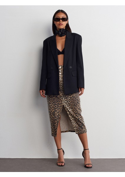 80569 Leopar Desen Denim Etek-Kahve