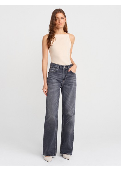 71794 Taşlanmış Wideleg Denim Pantolon-Antrasit