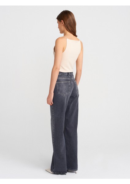 71794 Taşlanmış Wideleg Denim Pantolon-Antrasit